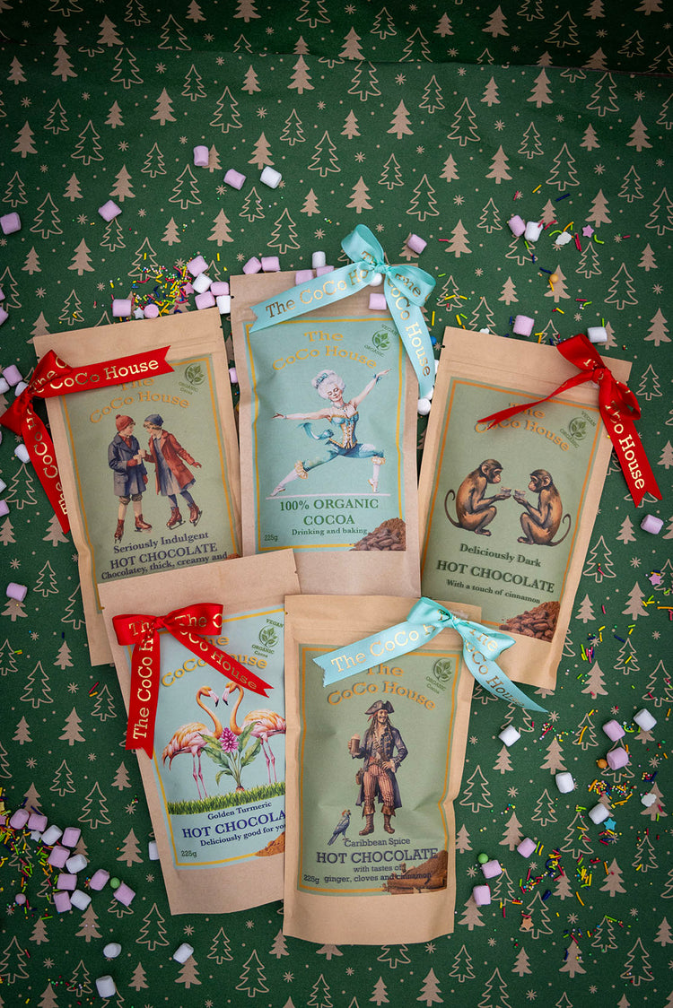 Four types of Coco House hot chocolates balanced on rocks by the seaside Dinan France